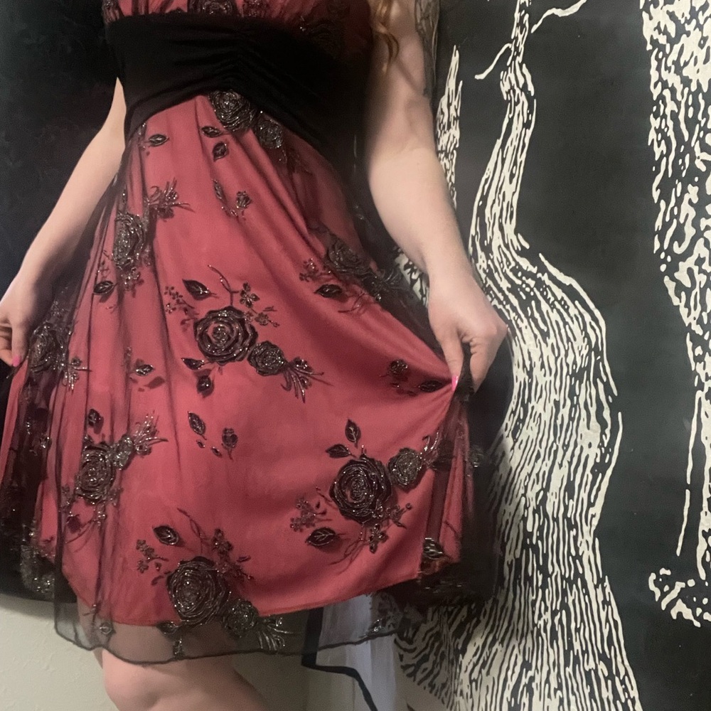 Elegant y2k Goth Vamp Black Roses Dress - Black and Red